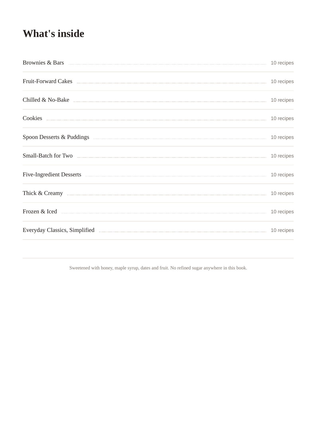 The What's inside page of 100 Guilt-Free Desserts, listing ten chapters and all 100 recipes